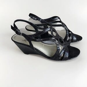 Impo "Winston" Black Snakeskin Embossed Strappy Wedge Sandals